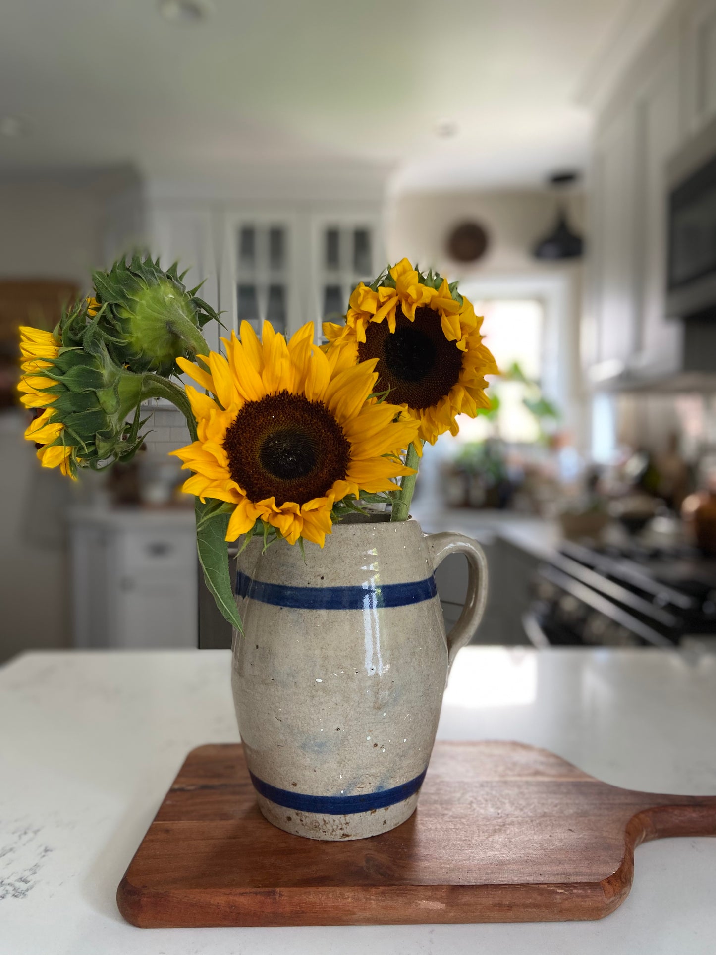 Big Blue Striped Stoneware Pitcher