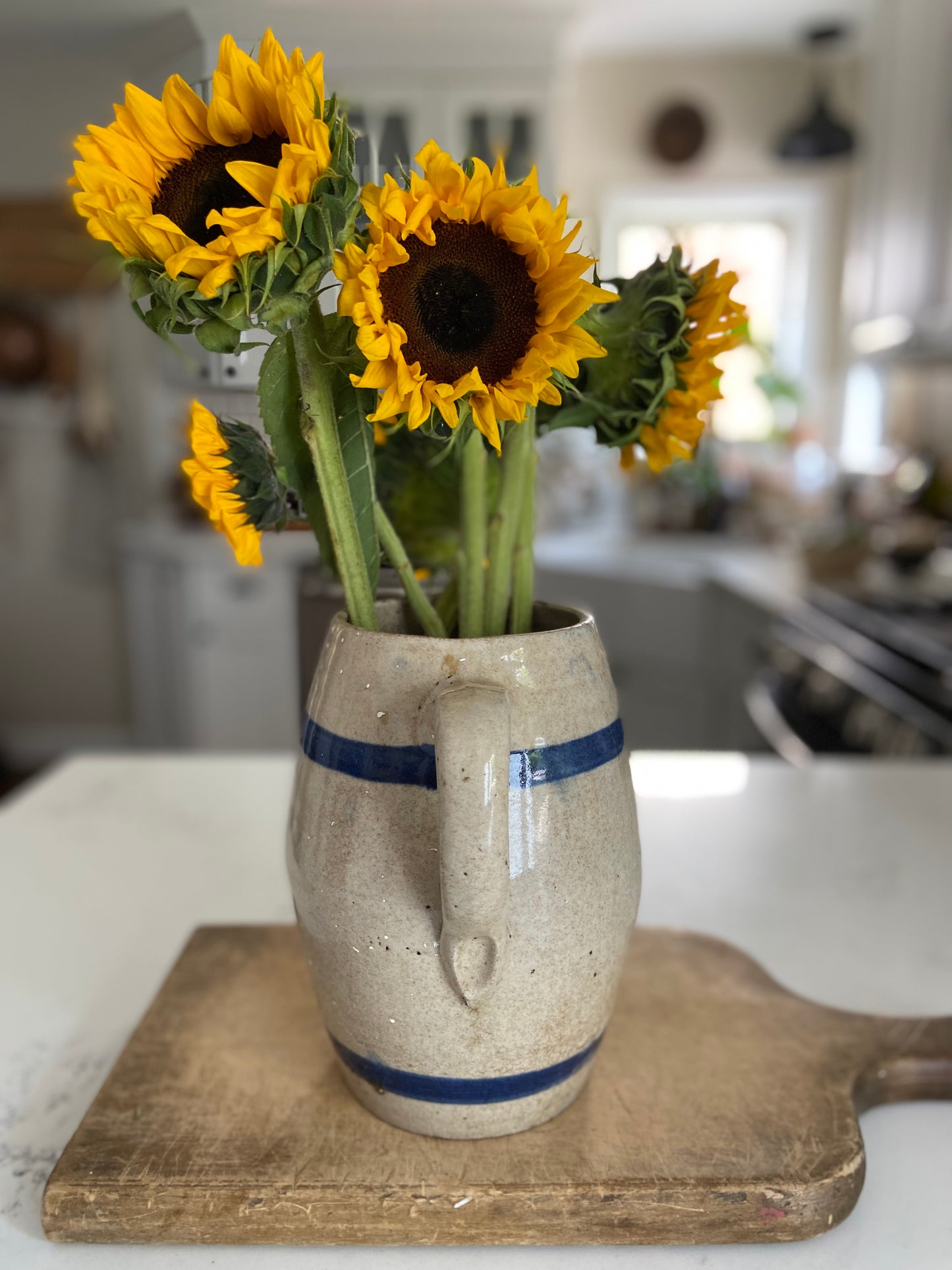 Big Blue Striped Stoneware Pitcher