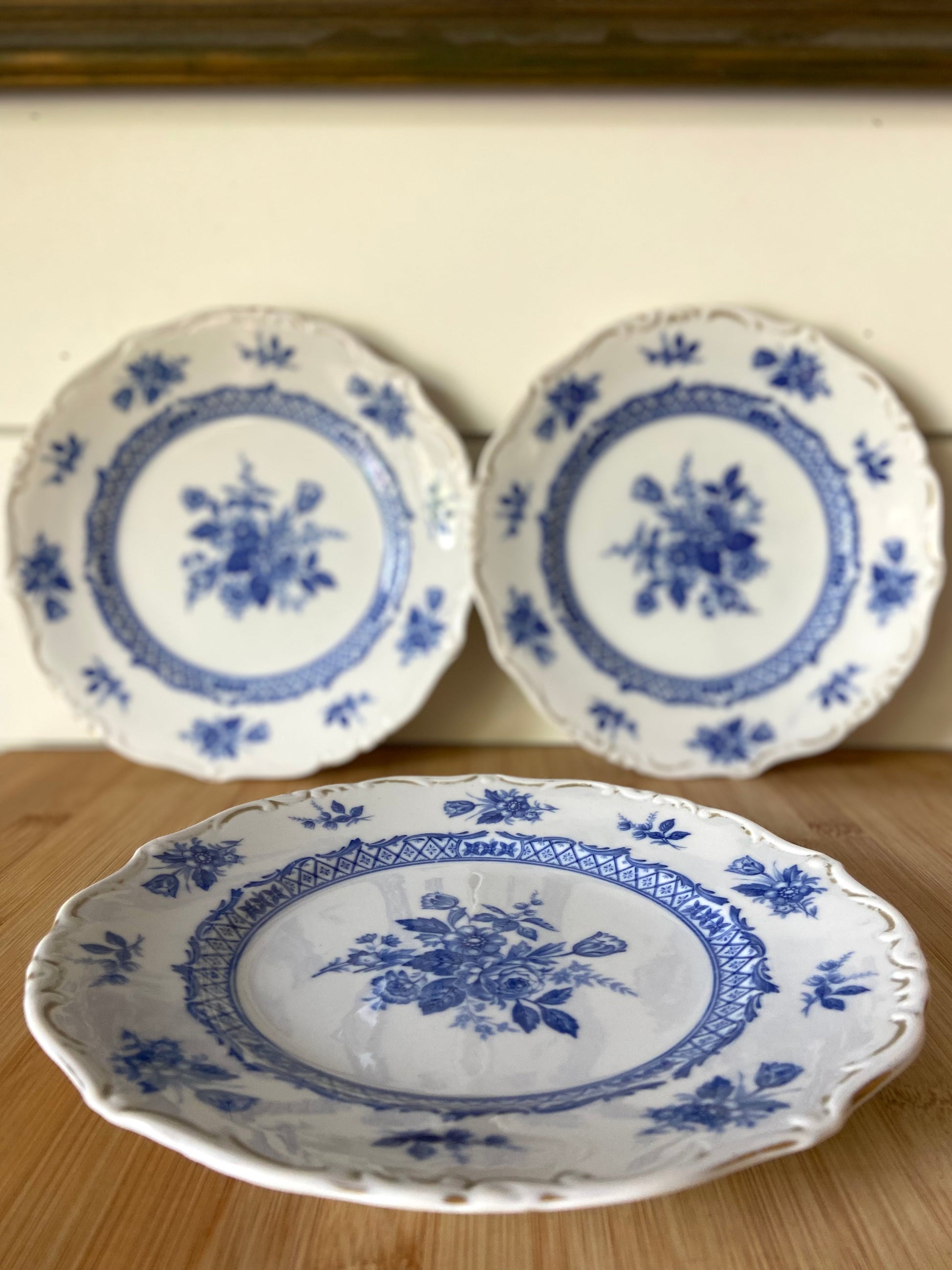 "A set of blue and white dinner plates with a floral design, suitable for everyday use or display."