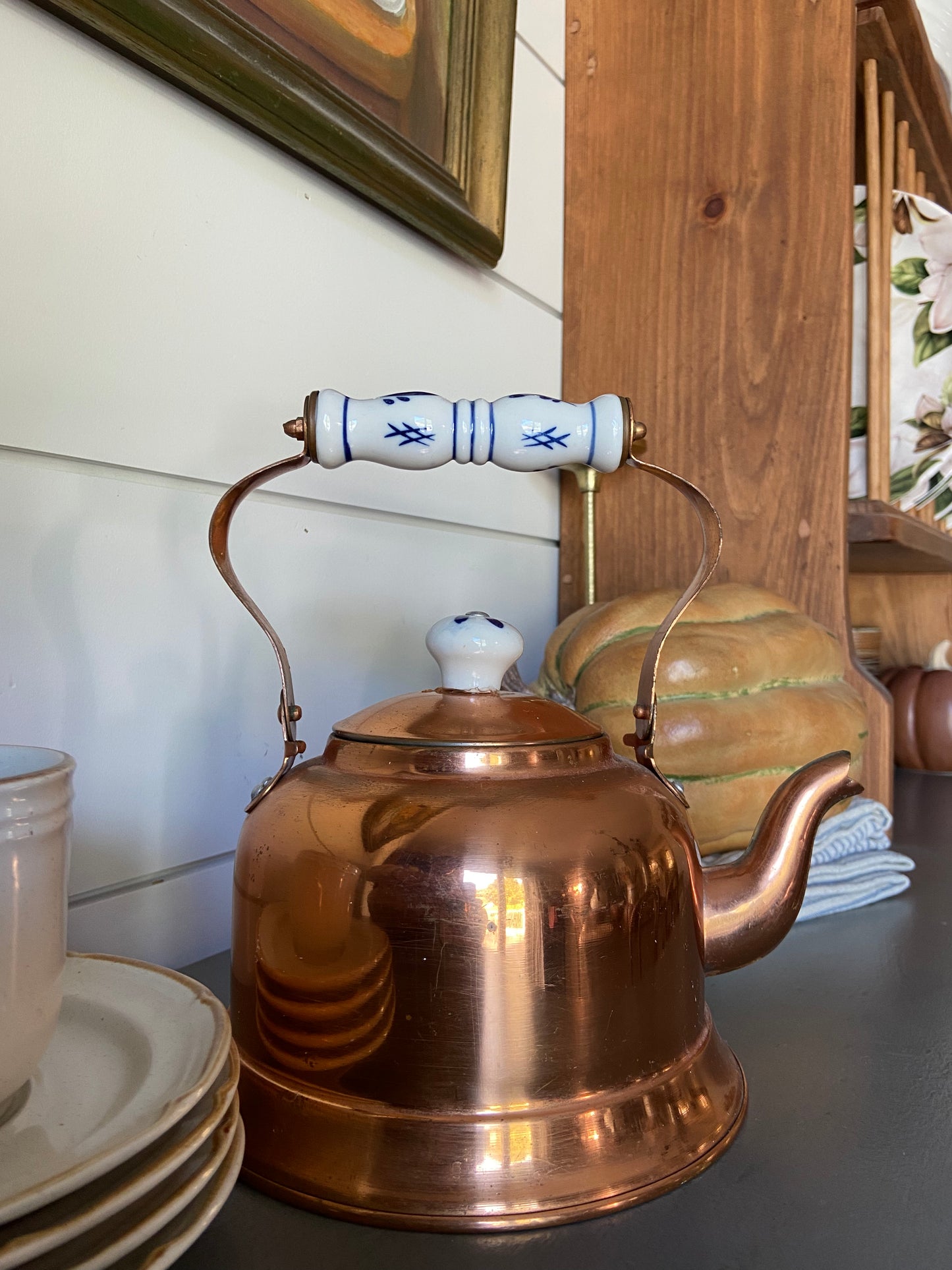 Copper Teapot with Blue and White Handle