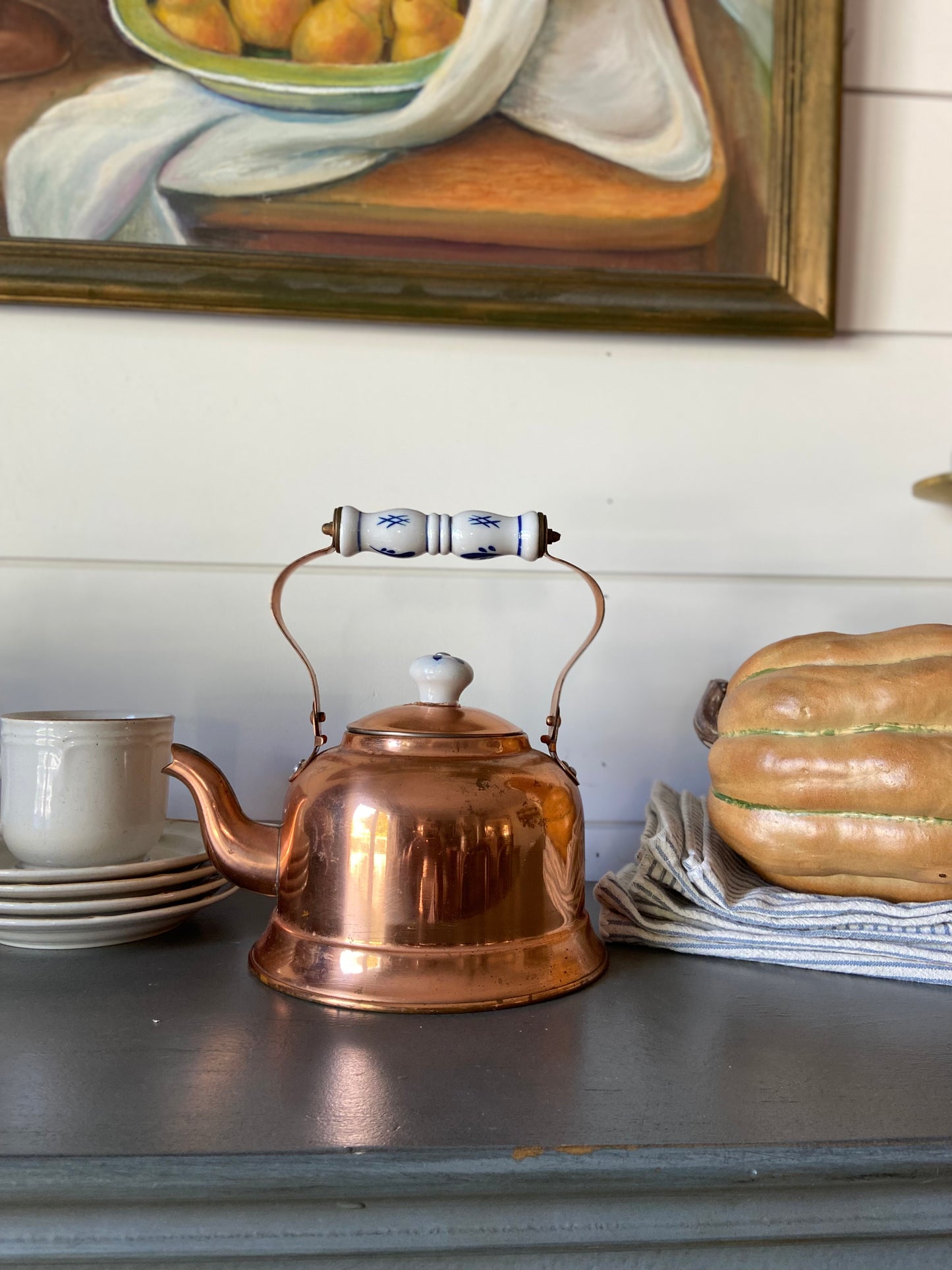 Copper Teapot with Blue and White Handle