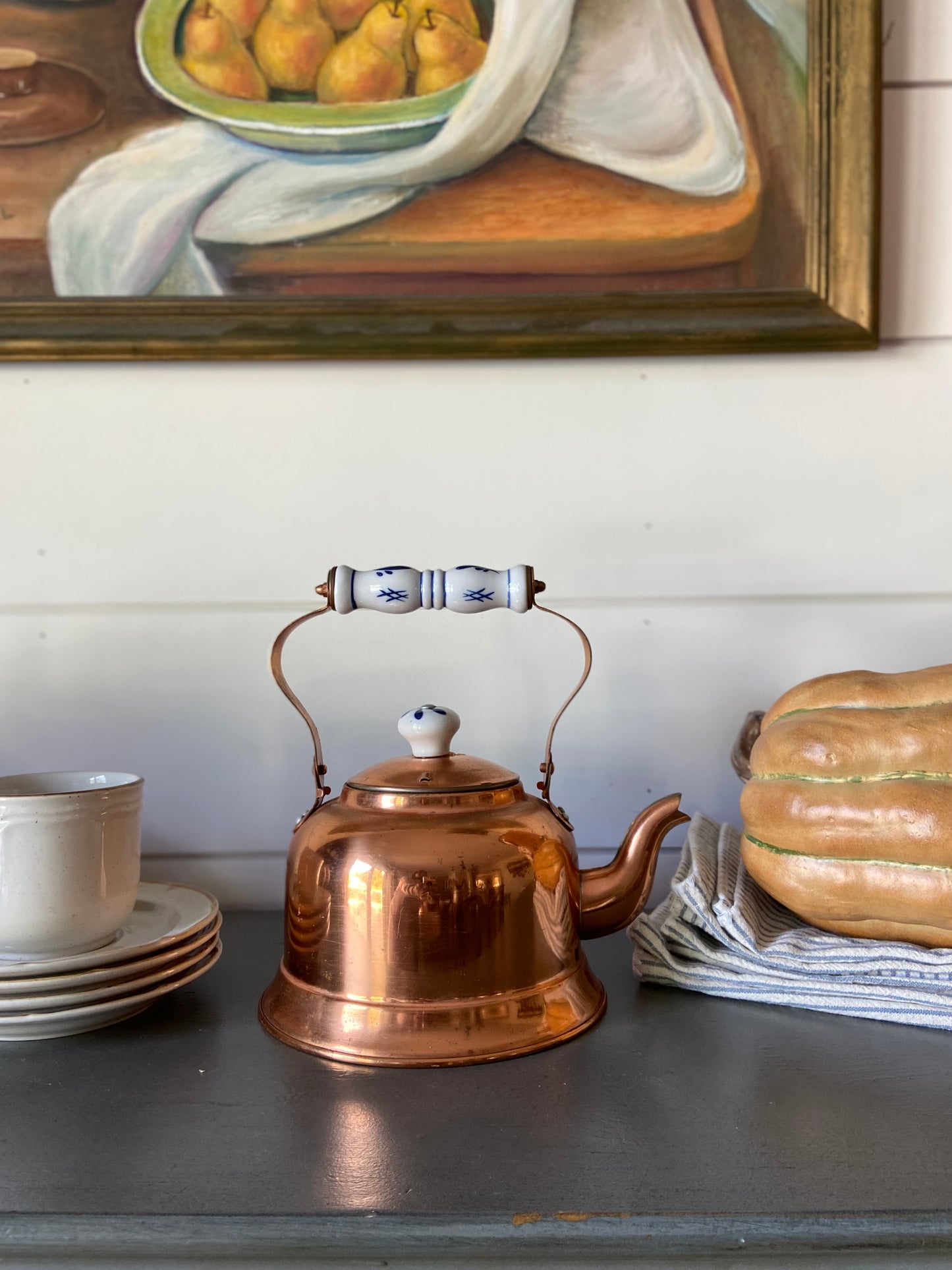 Copper Teapot with Blue and White Handle