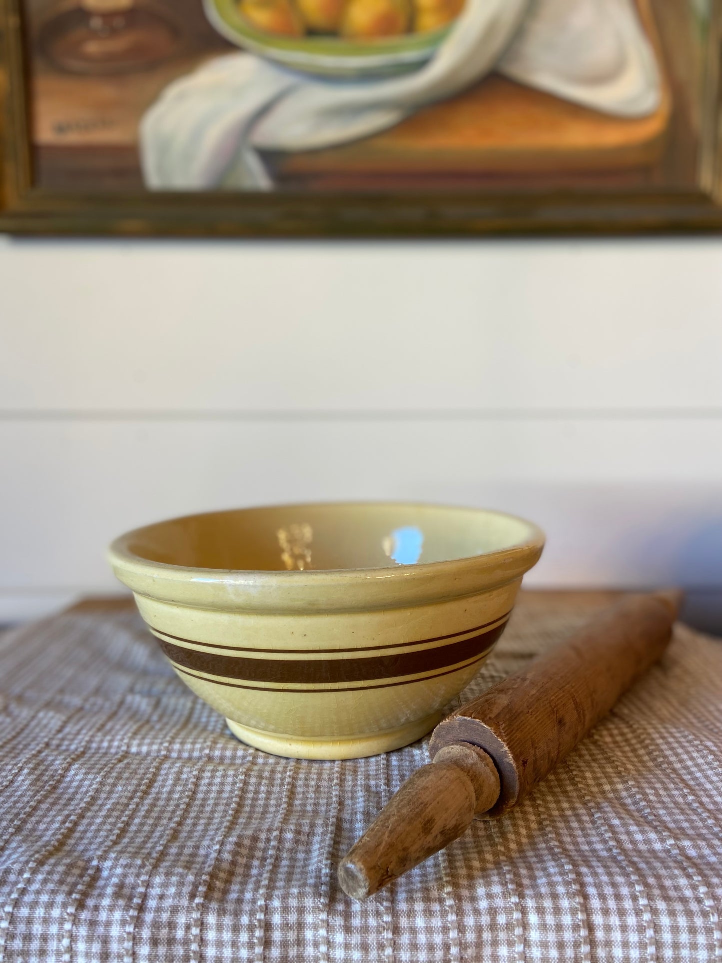 Vintage Stoneware Yellow Brown Striped Bowl