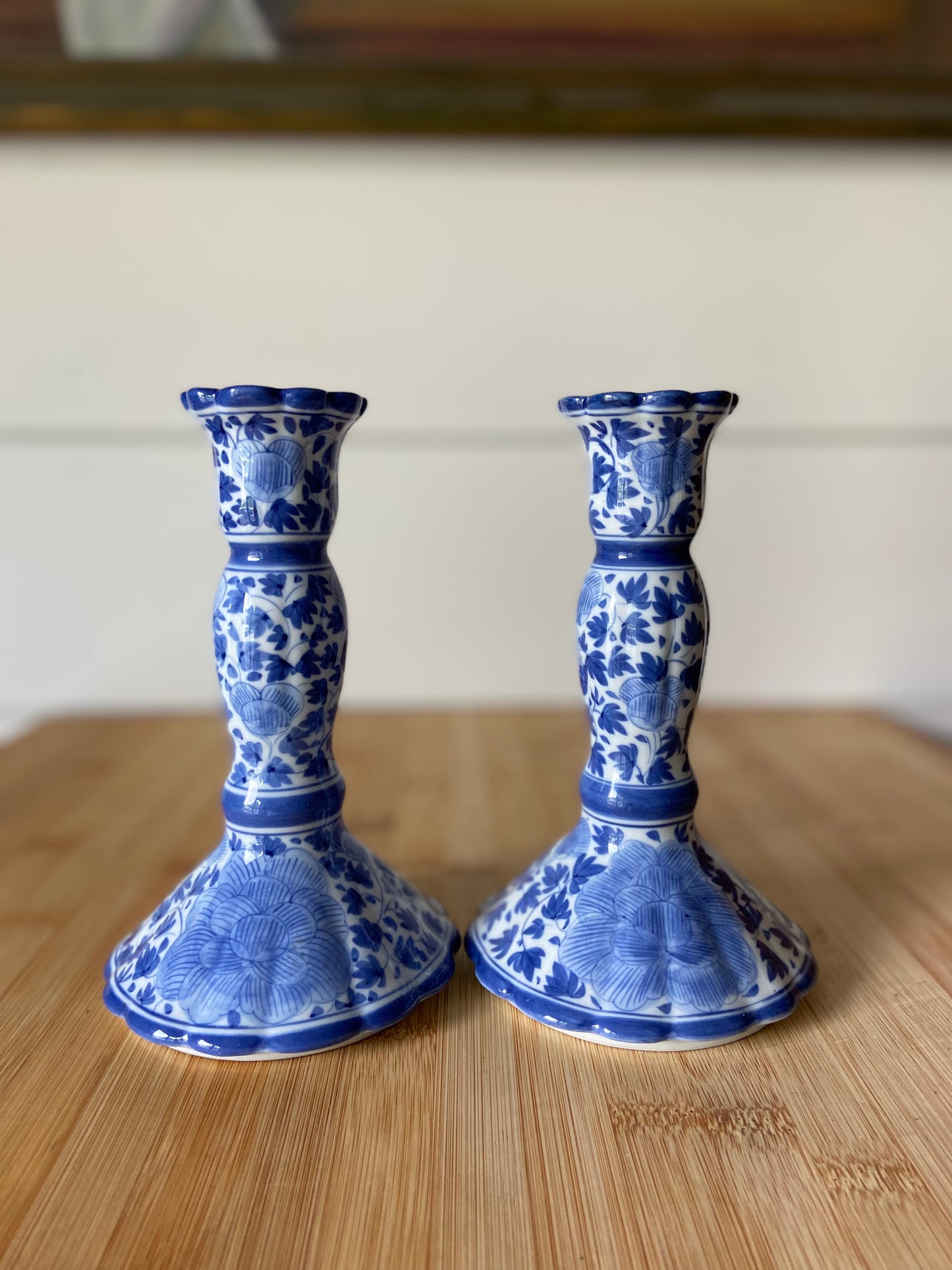 Matching Tall White & Blue Candle Holders (2)