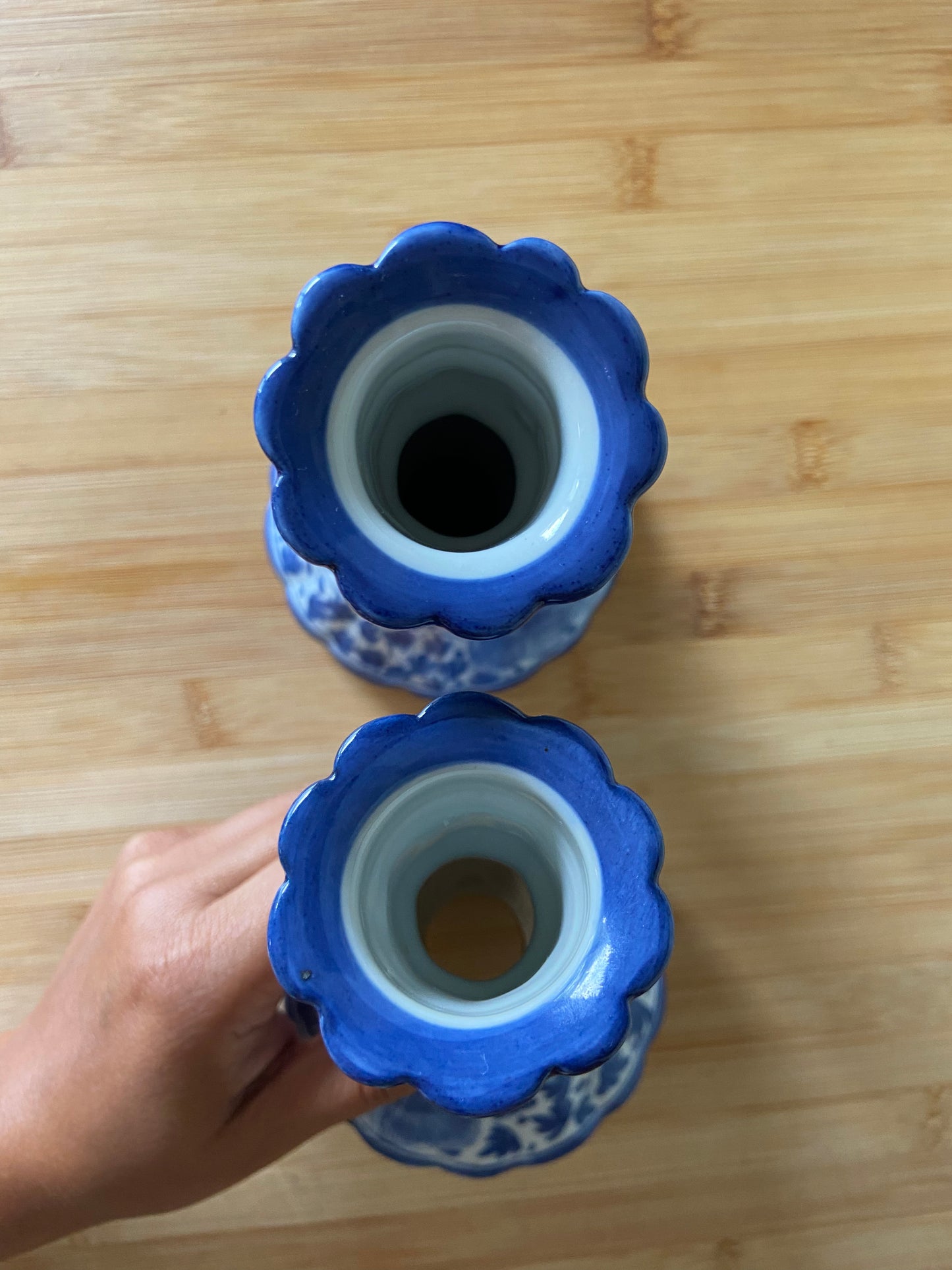 Matching Tall White & Blue Candle Holders (2)